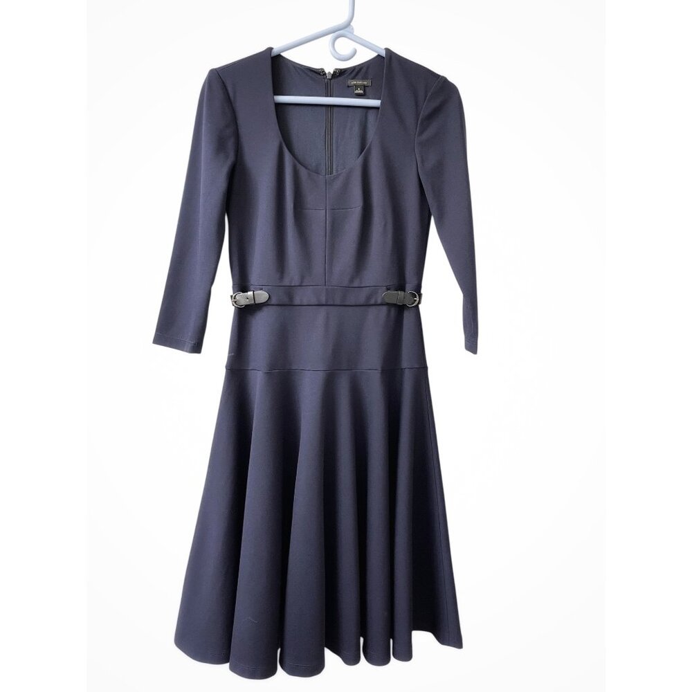 Ann Taylor Dress Size 0 Navy Blue 3/4 Sleeve Scoop Neck Corporate Chic Boss Lady